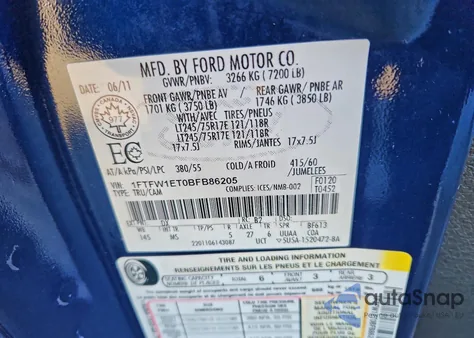 2011 Ford F150 Supercrew из США, поврежденный, VIN 1FTFW1ET0BFB86205